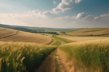 Fototapeta premium Landscape in countryside with a wide field of cereals and a pasture divided by a deserted road against a blue summer sky. Ai generative.