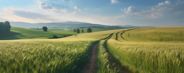 Landscape in countryside banner format with a wide field of cereals and a pasture divided by a deserted road against a blue summer sky. Ai generative.
