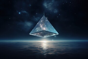 Floating crystal pyramid in zero gravity against a starlit sky - obrazy, fototapety, plakaty