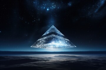 Floating crystal pyramid in zero gravity against a starlit sky - obrazy, fototapety, plakaty