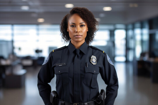 Portrait of confident black american woman police officer standing in office. photography