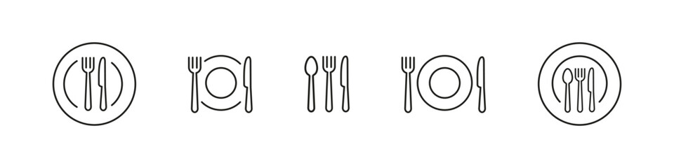 Food icon. Fork knife spoon sign set. Plate symbol. Breakfast lunch dinner icon. Menu sign. Cafe icon set. - obrazy, fototapety, plakaty