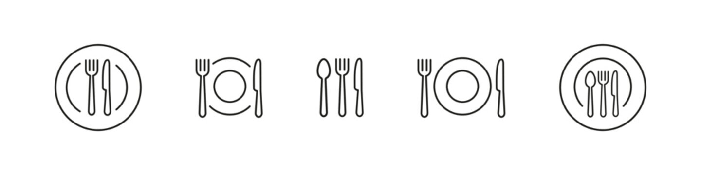 Food icon. Fork knife spoon sign set. Plate symbol. Breakfast lunch dinner icon. Menu sign. Cafe icon set.