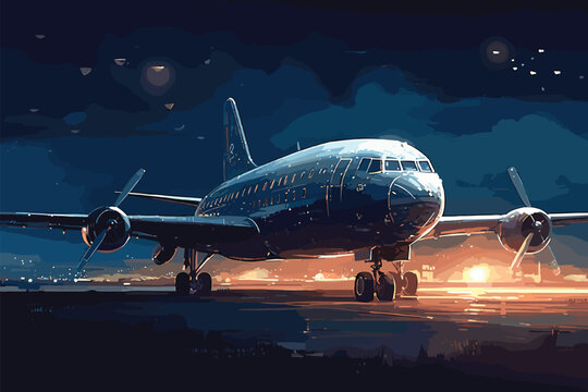 A commercial airplane Takes off at night on an airport runway with the city in the background and a beautiful sky, 3D illustration.