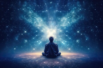 Man meditating about the big bang of the universe conce.  AI Generative
