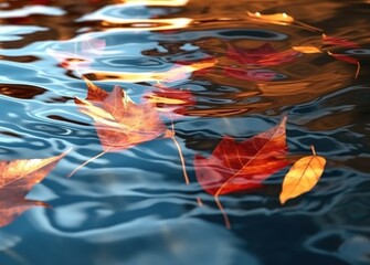 Red gold amber leaves floating in a water