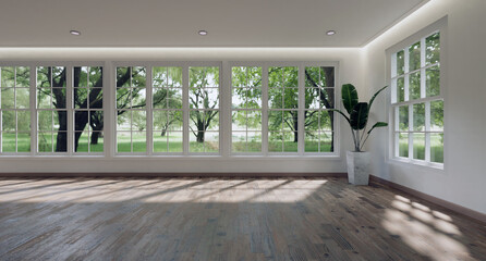 interior of the empty room classic style, with wooden floors and tree and white walls decorated with white wood window. There are looking out to see the nature view in 3D rendering.
