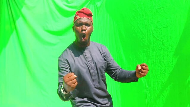 Clear happy, jubilant powerful man of African celebrate winning in betting contest of money in wild happiness