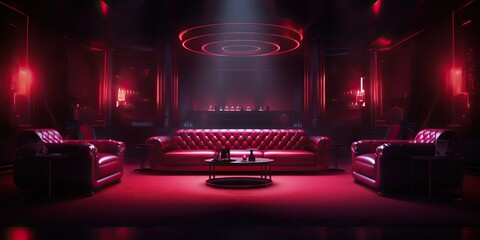AI Generated. AI Generative. Vip private room at nightclub interior design. Red dark night life style party with red sofa seating. Graphic Art