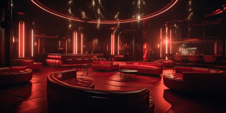 AI Generated. AI Generative. Vip private room at nightclub interior design. Red dark night life style party with red sofa seating. Graphic Art