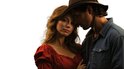 A couple from the wild west standing together . Transparent background.