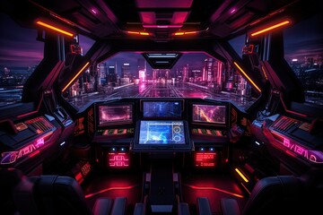 Futuristic neon-lit spaceship dashboard