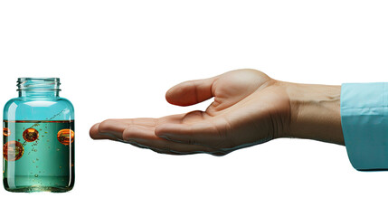 A hand reaching for a bottle of medicines . Transparent background.
