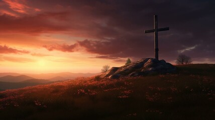 Cross with sunset on the hill