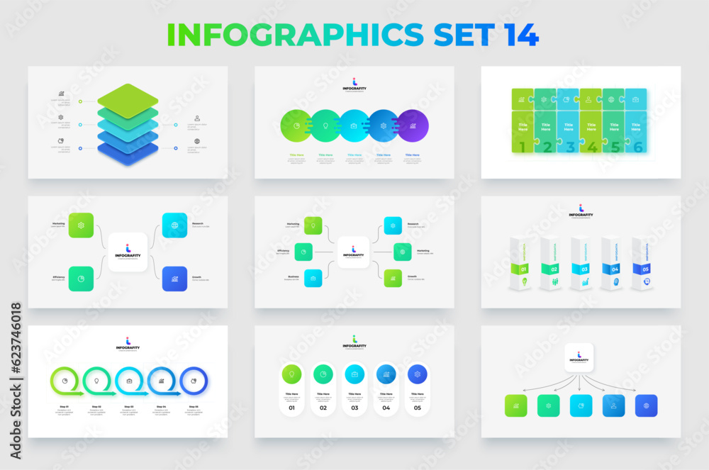 Poster Collection of infographic presentation slides with flowcharts, timelines and column diagrams