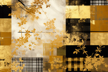 金色の葉っぱと格子柄の和風模様：AI生成画像