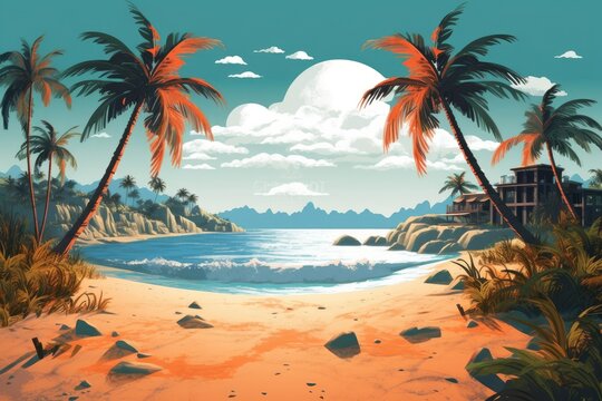Beauty beach illustration, AI generated Image