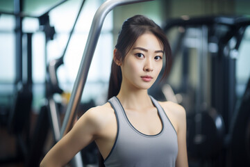 Fototapeta na wymiar ジムでトレーニングする日本人女性：AI生成画像