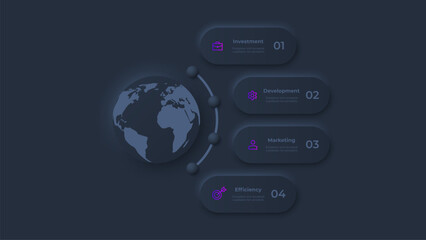 Dark neumorphic earth for infographic. Global concept with 4 options, parts, steps or processes