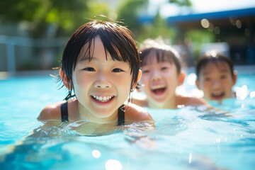 プールで水遊びをする子供たち：AI生成画像 - obrazy, fototapety, plakaty