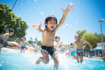 プールで水遊びをする子供たち：AI生成画像 - obrazy, fototapety, plakaty