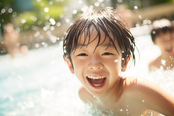 プールで水遊びをする男の子：AI生成画像 - obrazy, fototapety, plakaty