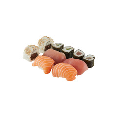 Salmon Sushi Tuna and Seaweed Wrapped Rice cut out isolated transparent background
