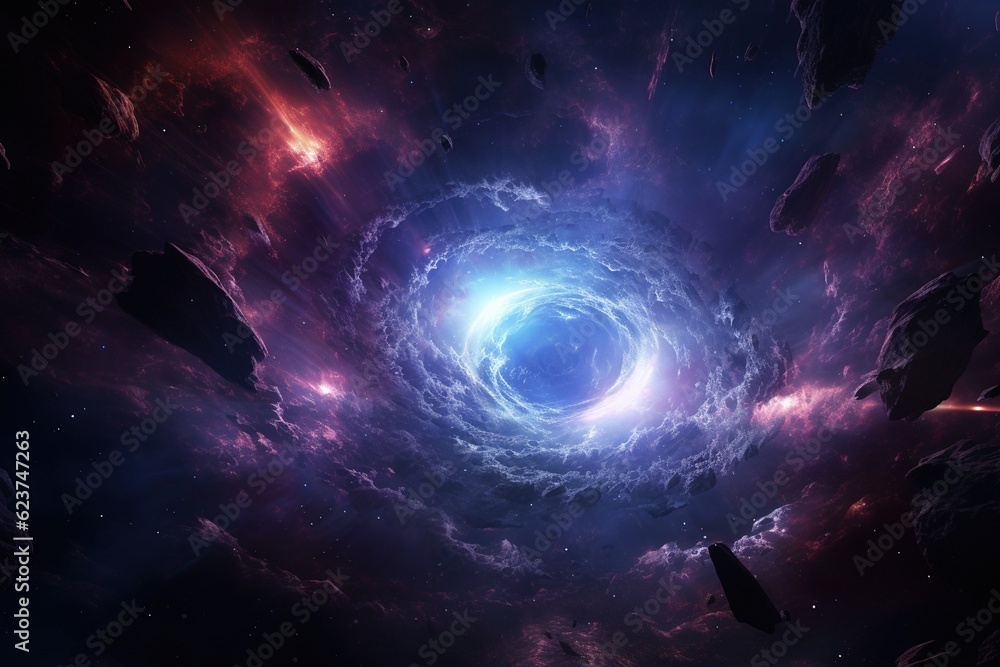 Wall mural glowing wormhole opening in deep space