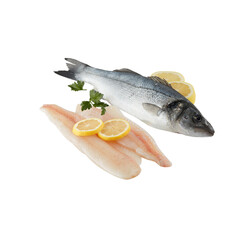 Sea bass and fresh fish fillets cut out isolated transparent background