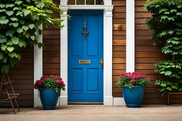 blue door and flowers