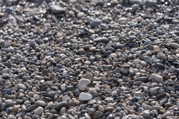 Wet pebbles on a mediterranean shore beach