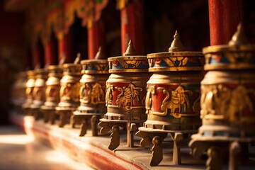 Fototapeta premium Gold and red Tibetan prayer wheels spinning in a temple
