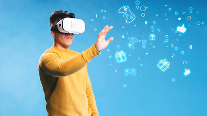 Gamer looking through VR headset in studio