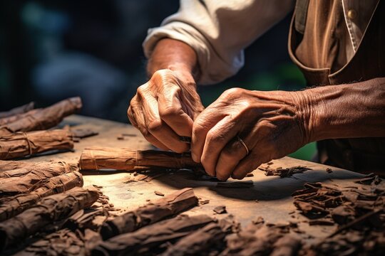 Hands of an artisan rolling a traditional Cuban cigar