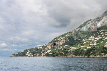 Scenic coastline of Almalfi Coast Italy with settlement on hills and cliffs