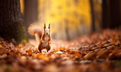 Cute orange squirrel.Autumn scene with a cute red squirrel. Sciurus vulgaris. Europeasn squirrel in in colorful orange and yellow Fall forest copy space © annebel146