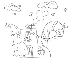 New Year's children's coloring. Christmas boot-house with windows, a door, a roof.