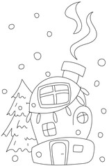 Obraz premium Children's cartoon house from a large mitten. Vector Christmas coloring book for kids. Smoke is coming from the roof, a Christmas tree in the background. A large garland is hung on the house.