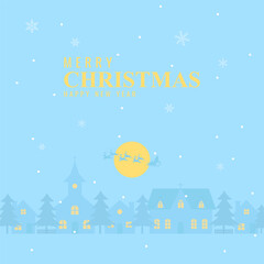 silhouette of santa claus with sled and reindeers on the sky coming at city village and christmas tree in night time with snowfall. Merry christmas and happy new year.Vector illustration