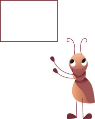 A cute vector ant stands on its paws, points to an empty scoreboard for writing any inscriptions.