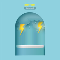 Podium platform to show product with cloud and bolt with rain on blue background. Rainy minimal scene for product display presentation. Rainy concept