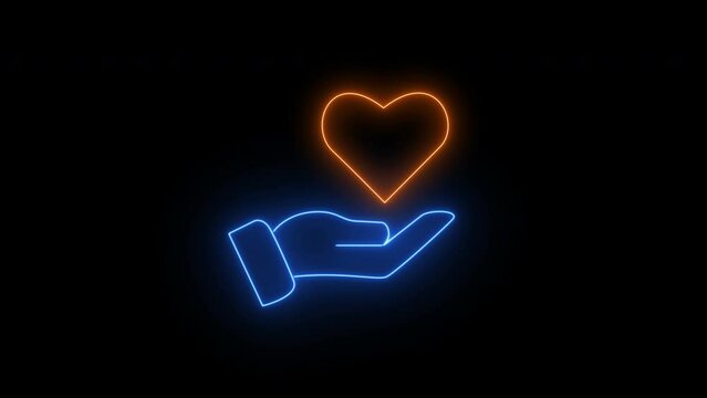 Glowing neon line of hand holding heart icon isolated on transparent background. Healthcare, love, organ donation, mindfulness, wellbeing, insurance and praying concept. 4K motion graphic animation.