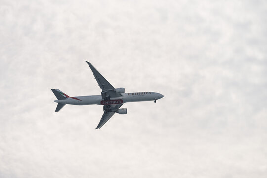 Nice, France - March 8 2023: Emirates Boeing 777 300ER approaching Cote dAzur aiport