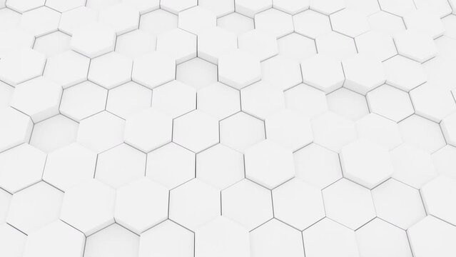 Abstract Hexagon Geometric Surface Loop. Bright, white clean minimal hexagonal grid pattern, random waving motion background canvas in pure wall architectural white. Seamless loop 4K FullHD.
