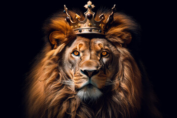 Fototapeta premium Head of King Lion in the golden crown.AI generated.