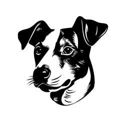 Vector isolated one single sitting Jack Russell dog head front view black and white bw two colors silhouette. Template for laser engraving or stencil, print for t shirt - obrazy, fototapety, plakaty