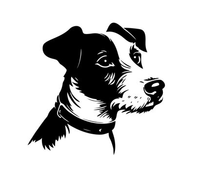 Vector isolated one single sitting Jack Russell dog head front view black and white bw two colors silhouette. Template for laser engraving or stencil, print for t shirt