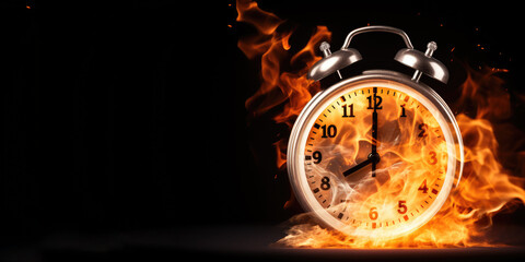 A clock face is engulfed in flames, symbolizing the fleeting and transformative nature of time. The flames dance and flicker, isolate dark background. Generative AI