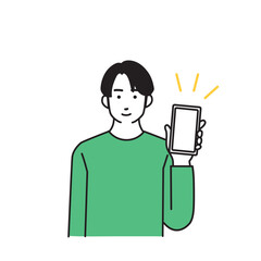 スマートフォンを持つ指差しポーズのシンプルな男性のイラスト
