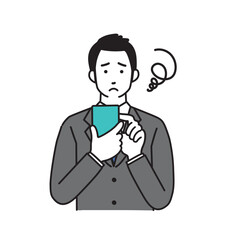 スマートフォンを持つ困った表情のビジネスマンのシンプルなイラスト
